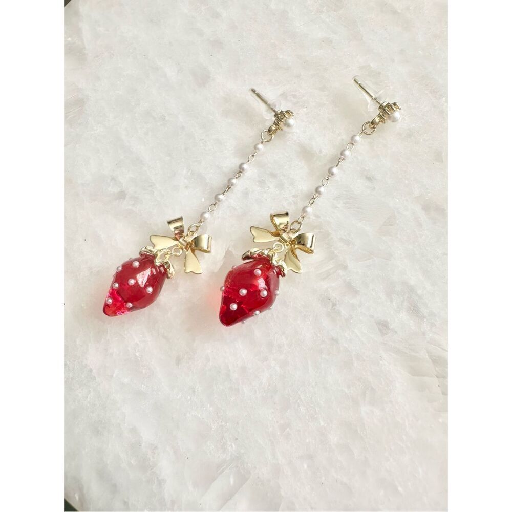 Strawberry Bow Dangle Earrings Faux Pearl Gold Tone Coquette 2.75” Cute
